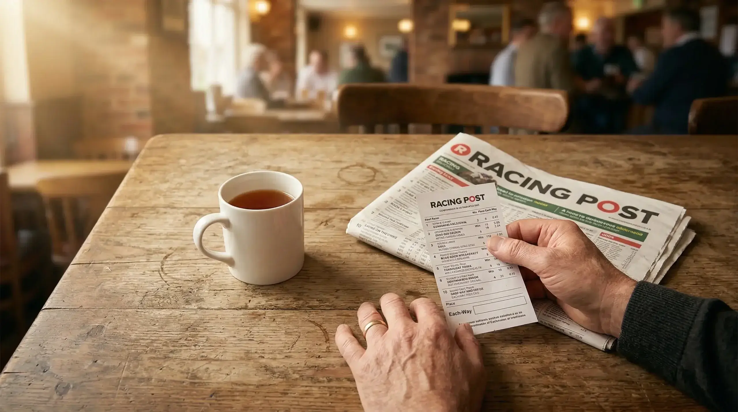 Close-up of a hand holding a detailed horse racing betting slip showing multiple bet types