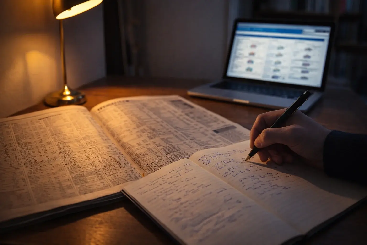 Punter analysing a horse racing form guide with a pen and notebook at a desk