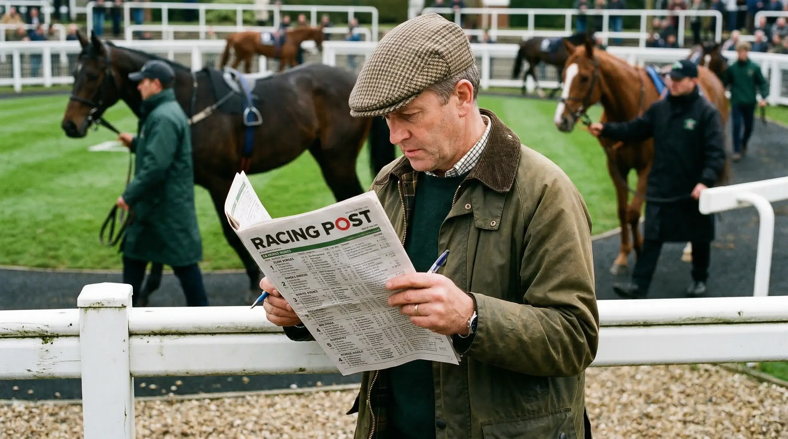 A racegoer studying a printed form guide and racecard at a British racecourse