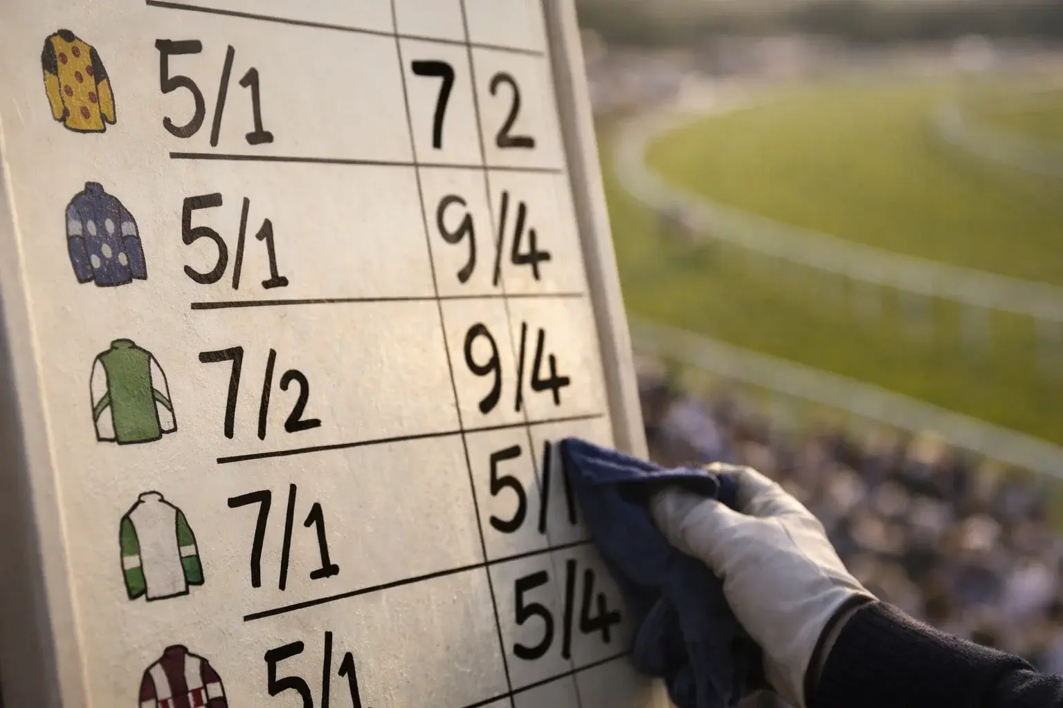 Close-up of a bookmaker's odds board at a British racecourse showing fractional prices