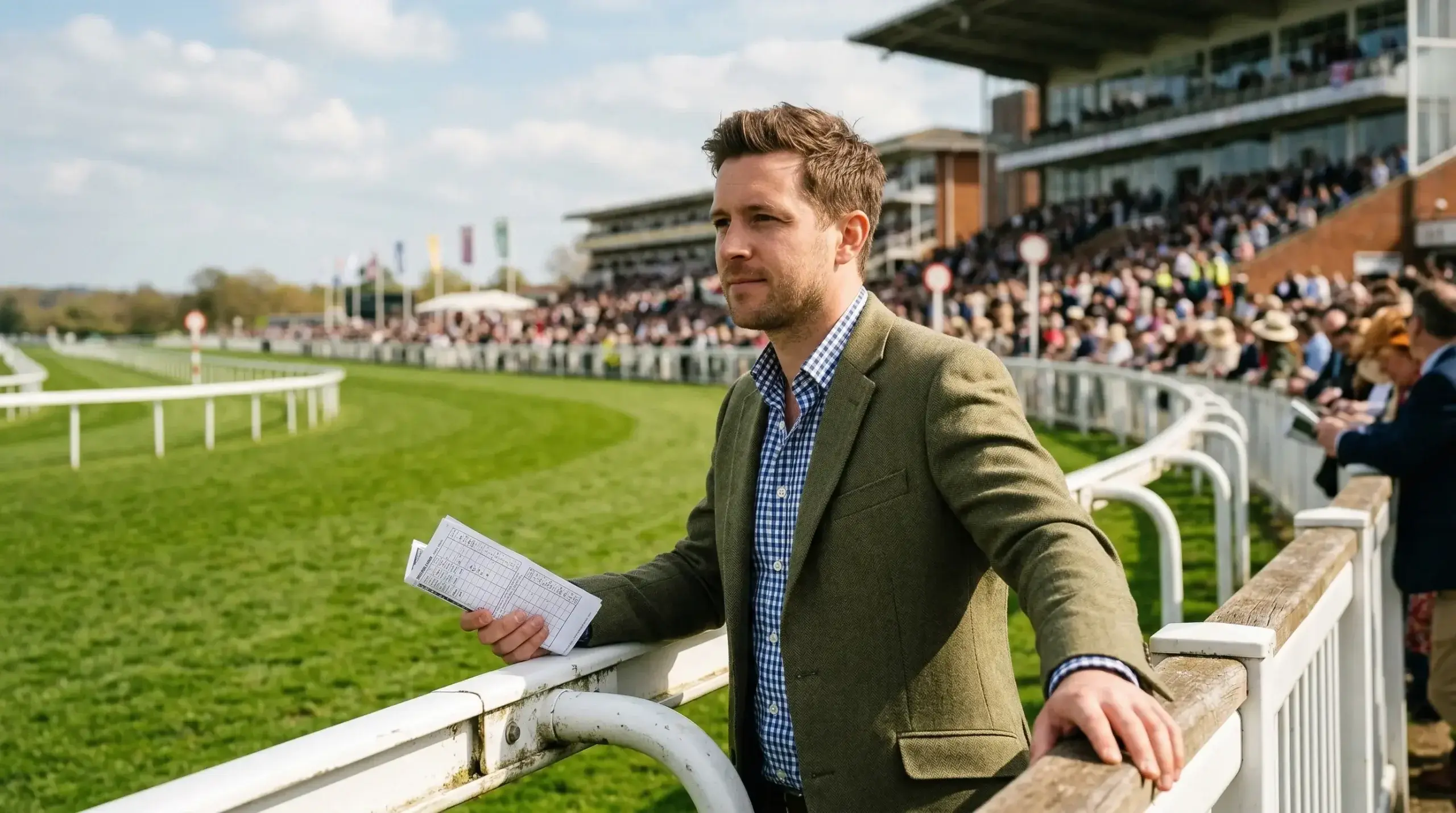 Racegoer studying a betting slip at a British racecourse before placing a horse racing bet