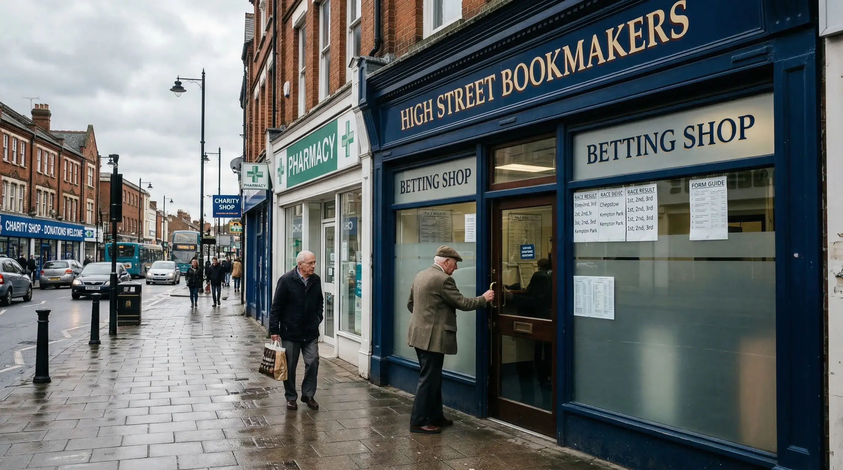 A traditional British high-street betting shop exterior with race results displayed in the window