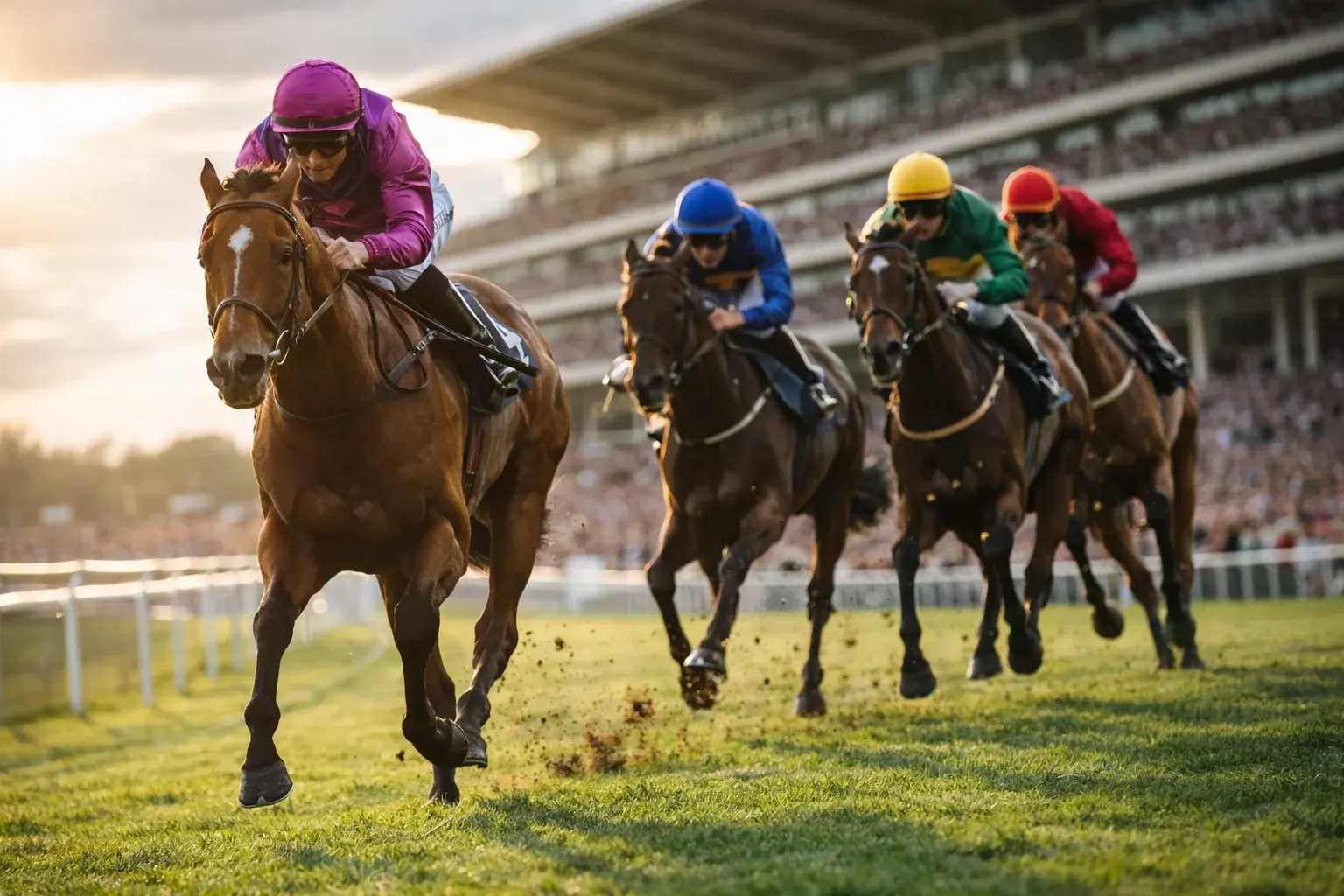 Horses racing at full gallop on a British turf racecourse with grandstands in the background