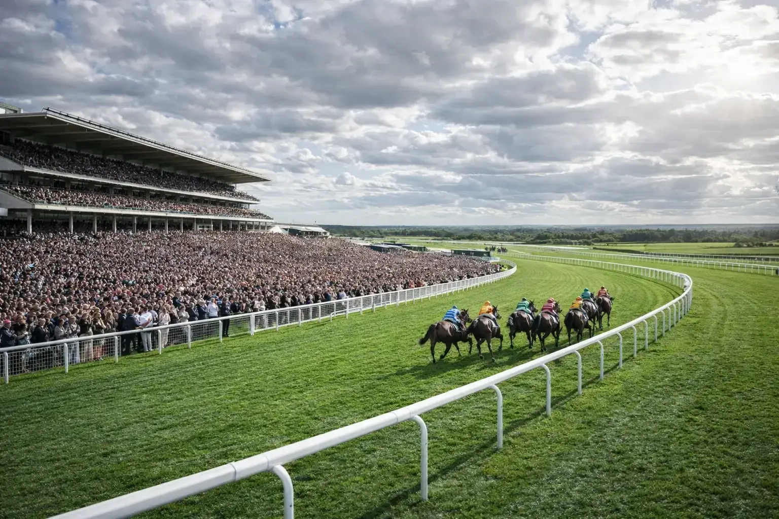 Packed grandstand at a major British horse racing festival on a sunlit afternoon