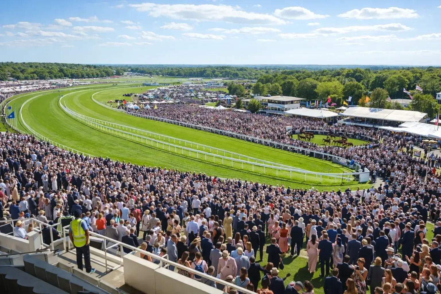 Aerial view of a packed British racecourse on a festival day showing crowds and the betting ring